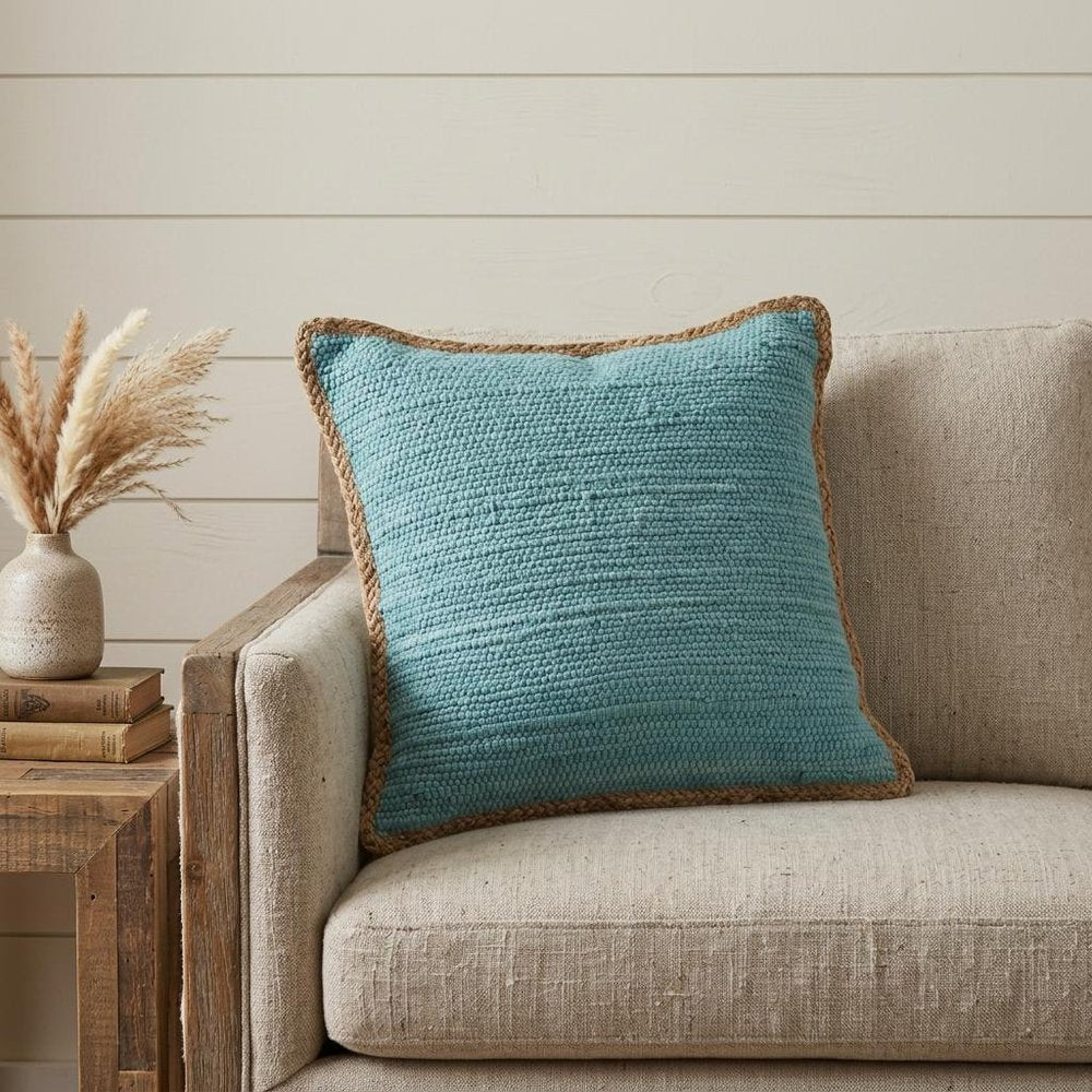 20" Turquoise And Tan Cotton Color Block Throw Pillow