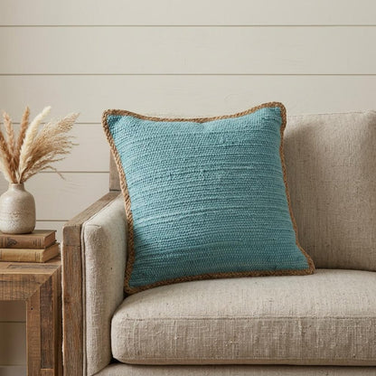 20" Turquoise And Tan Cotton Color Block Throw Pillow