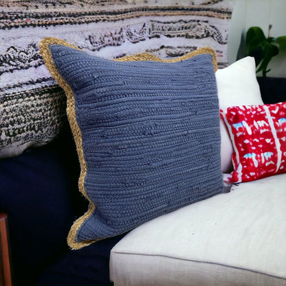 20" X 20" Air Blue White And Tan 100% Cotton Striped Zippered Pillow