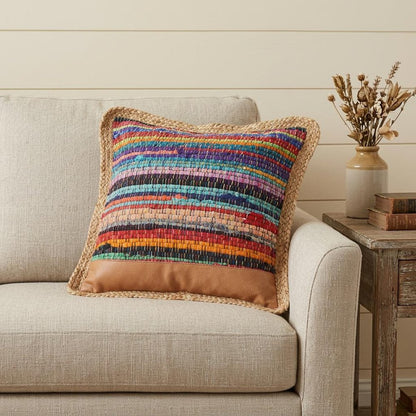 20" Tan Orange and Blue Striped Cotton and Jute Throw Pillow