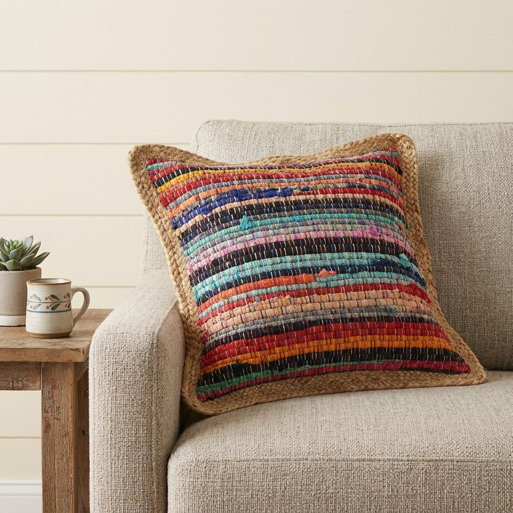 20" Tan Orange and Blue Striped Cotton and Jute Throw Pillow