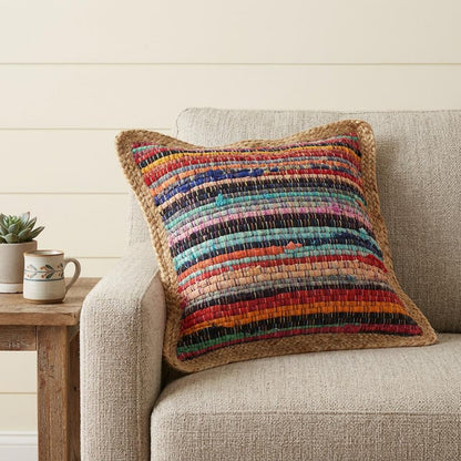 20" Tan Orange and Blue Striped Cotton and Jute Throw Pillow