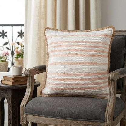 18" X 18" White Gray And Tan 100% Cotton Striped Zippered Pillow