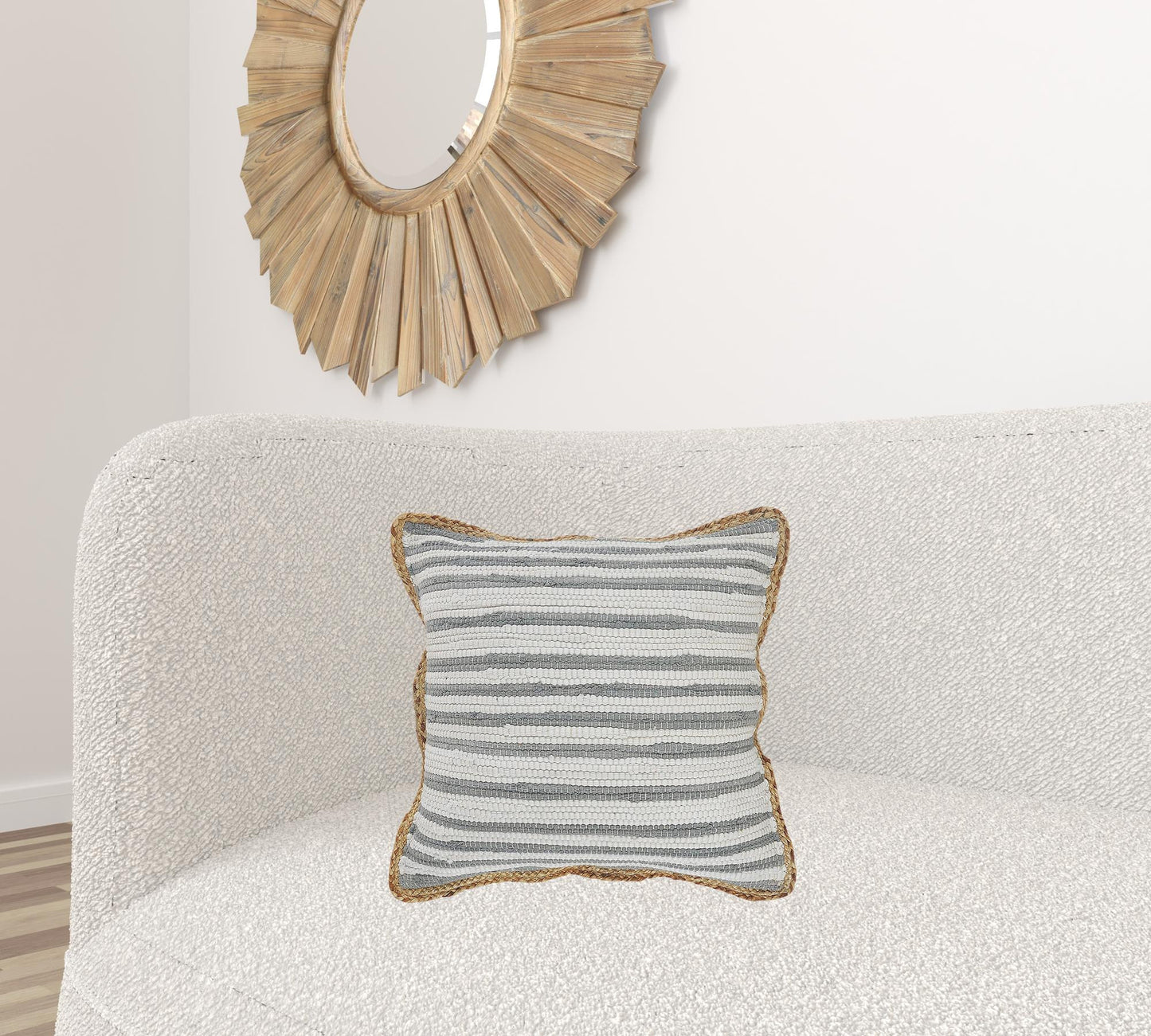 18" X 18" White Gray And Tan 100% Cotton Striped Zippered Pillow