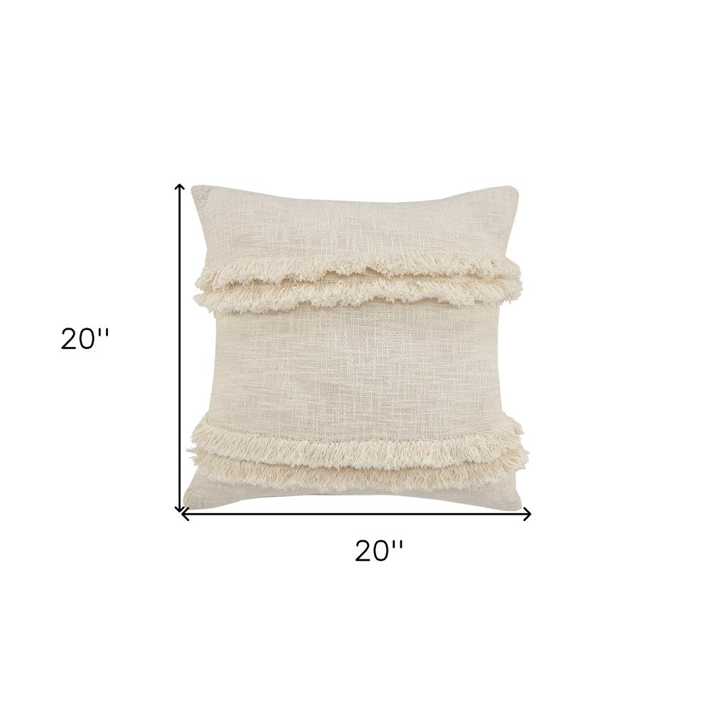14" X 36" Cream Cotton Throw Pillow with Fringe