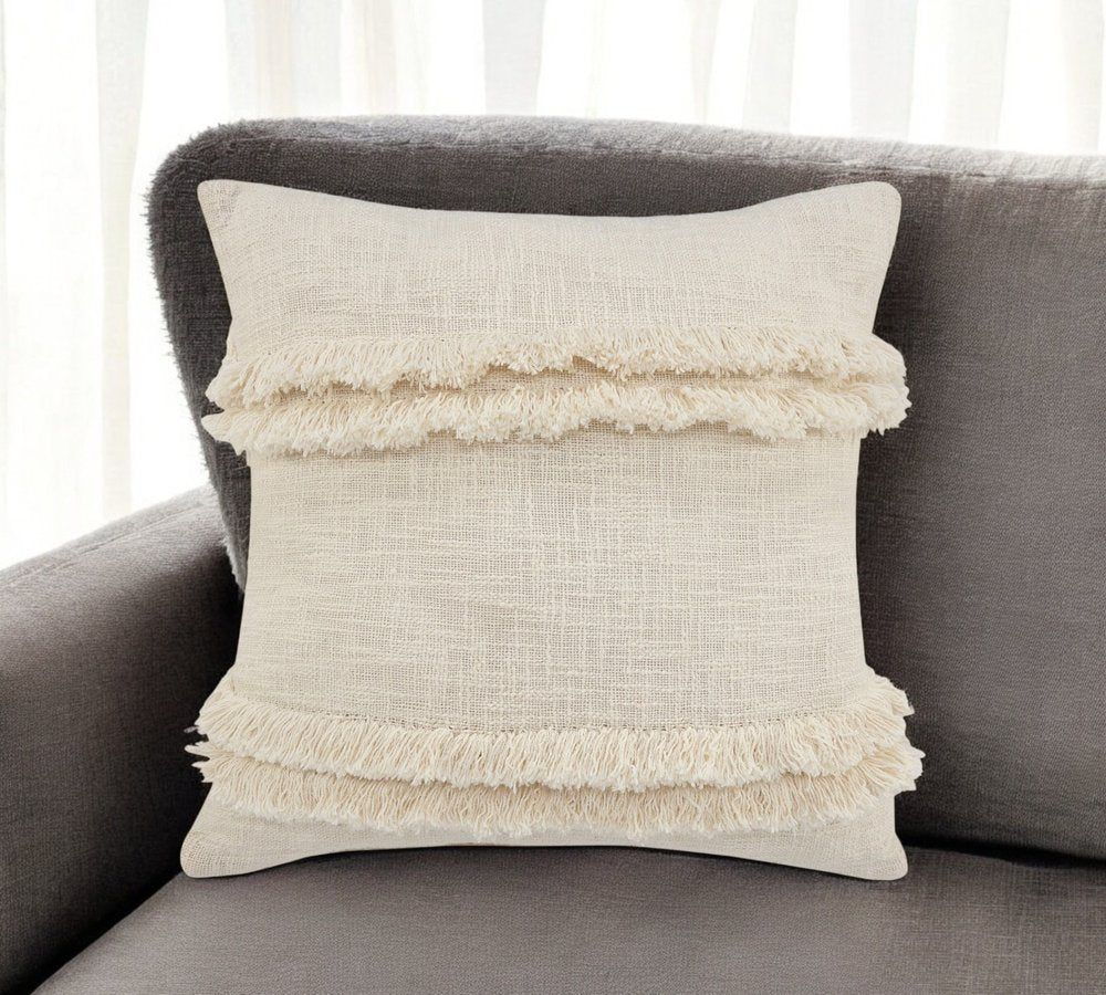 14" X 36" Cream Cotton Throw Pillow with Fringe