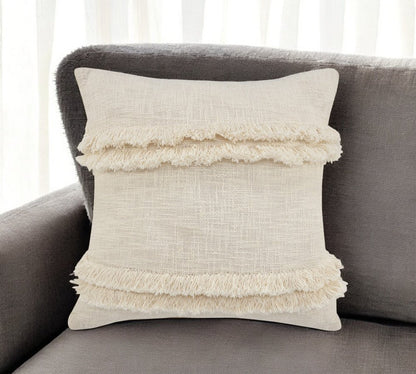 14" X 36" Cream Cotton Throw Pillow with Fringe