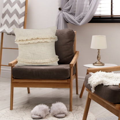 14" X 36" Cream Cotton Throw Pillow with Fringe