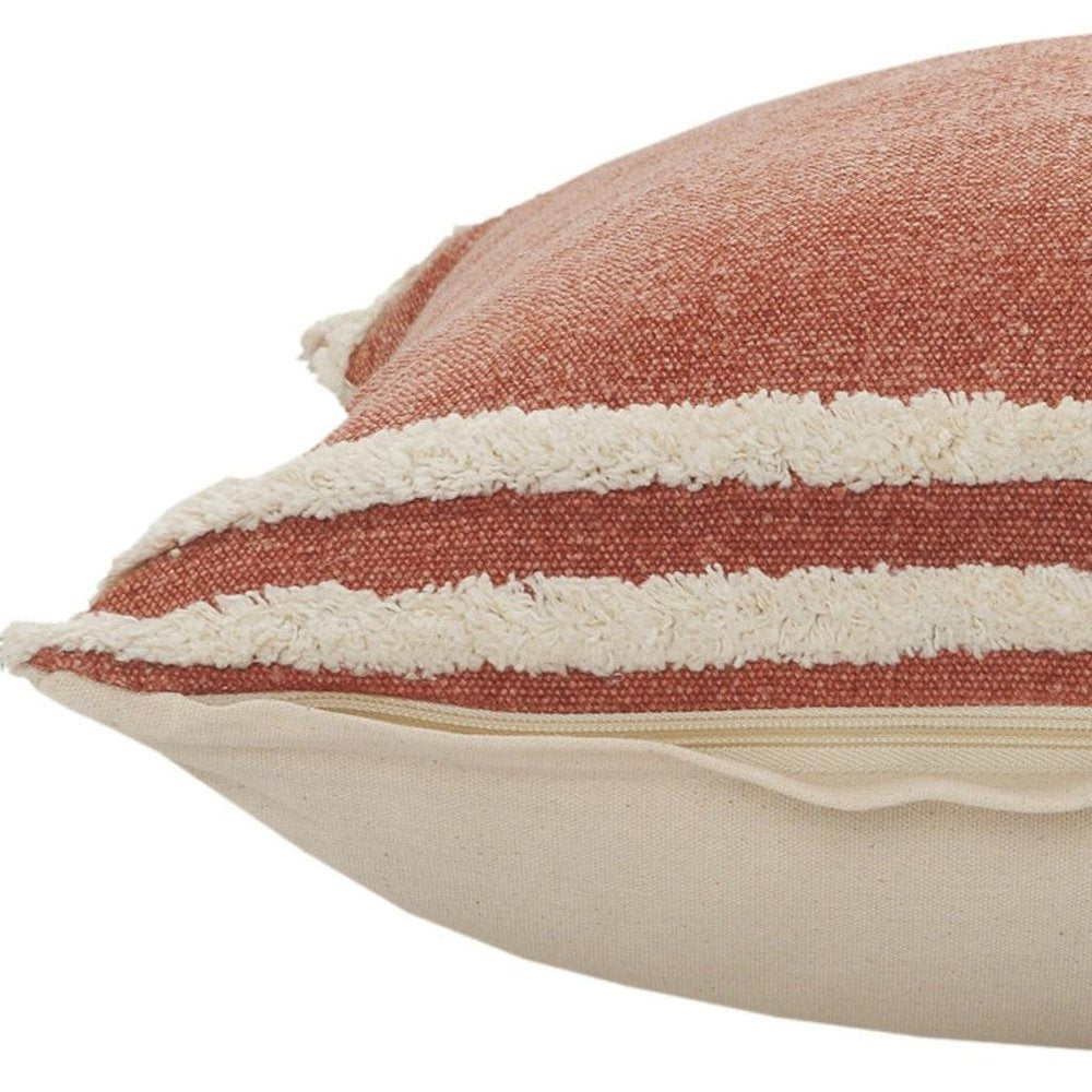 14" X 36" Orange And Off-White 100% Cotton Striped Zippered Pillow