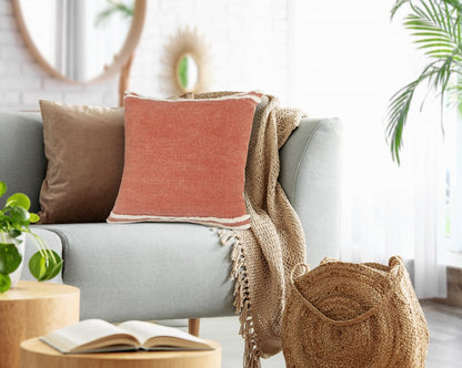 14" X 36" Orange And Off-White 100% Cotton Striped Zippered Pillow