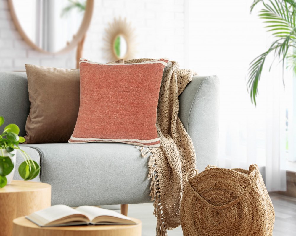 14" X 36" Orange And Off-White 100% Cotton Striped Zippered Pillow