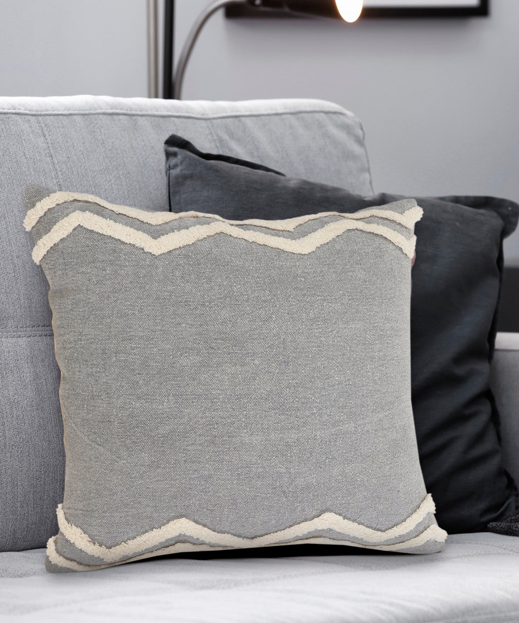 20" X 20" Light Gray Micro Chip Gray And White 100% Cotton Chevron Zippered Pillow