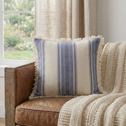 18" Navy Blue And Ivory Cotton Coastal Throw Pillow with Fringe