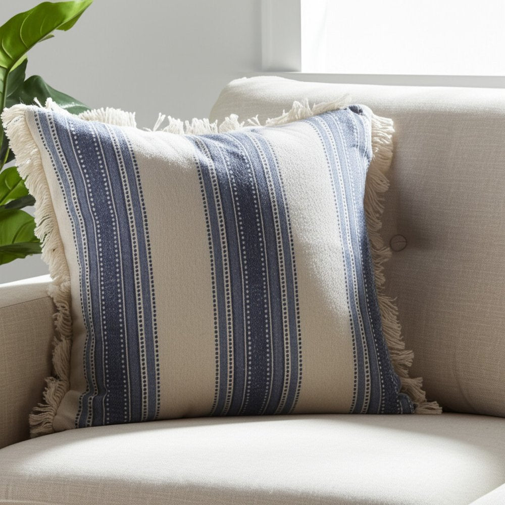 18" Navy Blue And Ivory Cotton Coastal Throw Pillow with Fringe