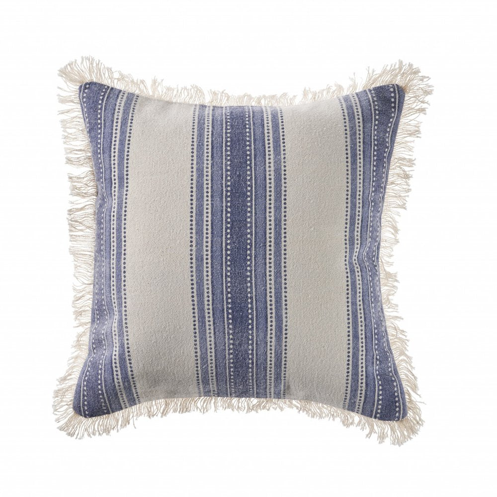 18" Navy Blue And Ivory Cotton Coastal Throw Pillow with Fringe