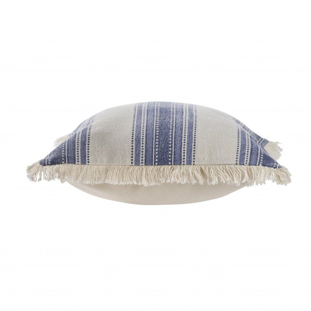 18" Navy Blue And Ivory Cotton Coastal Throw Pillow with Fringe