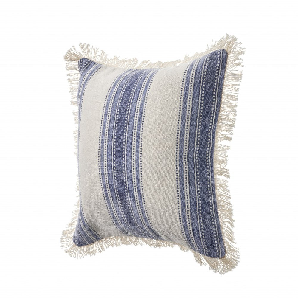 18" Navy Blue And Ivory Cotton Coastal Throw Pillow with Fringe