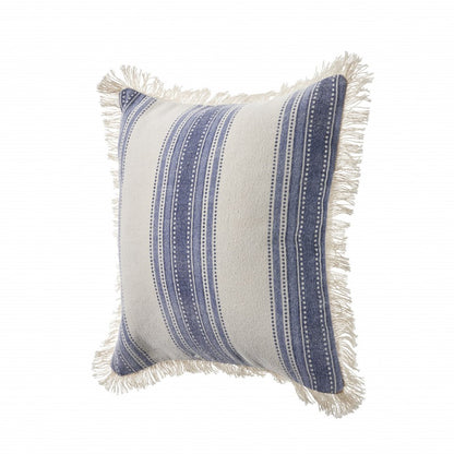 18" Navy Blue And Ivory Cotton Coastal Throw Pillow with Fringe