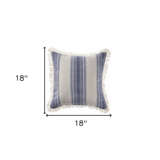 18" Navy Blue And Ivory Cotton Coastal Throw Pillow with Fringe