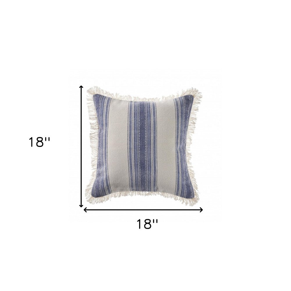 18" Navy Blue And Ivory Cotton Coastal Throw Pillow with Fringe