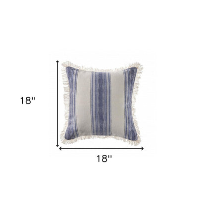 18" Navy Blue And Ivory Cotton Coastal Throw Pillow with Fringe