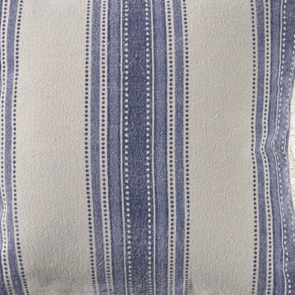 18" Navy Blue And Ivory Cotton Coastal Throw Pillow with Fringe