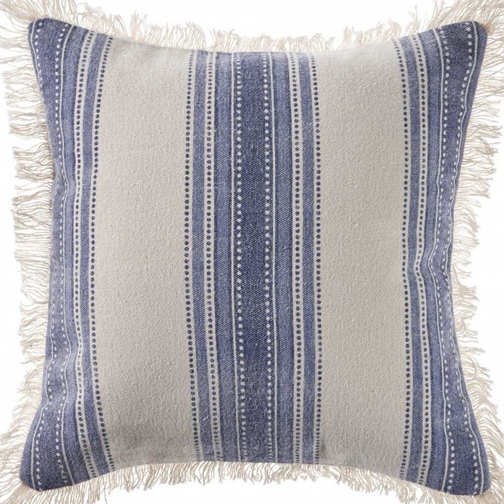 18" Navy Blue And Ivory Cotton Coastal Throw Pillow with Fringe