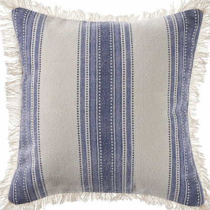 18" Navy Blue And Ivory Cotton Coastal Throw Pillow with Fringe
