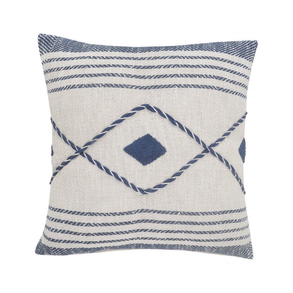 20" Ivory and Blue Coastal Cotton Throw Pillow With Texture