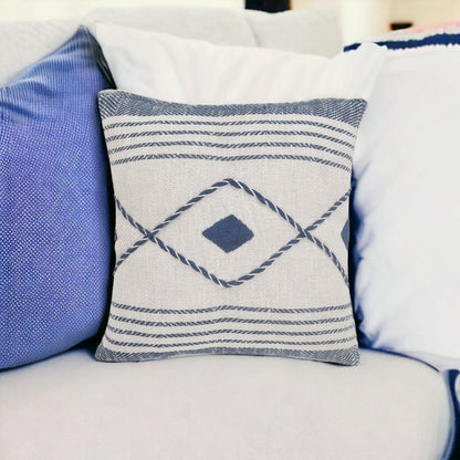 20" Ivory and Blue Coastal Cotton Throw Pillow With Texture