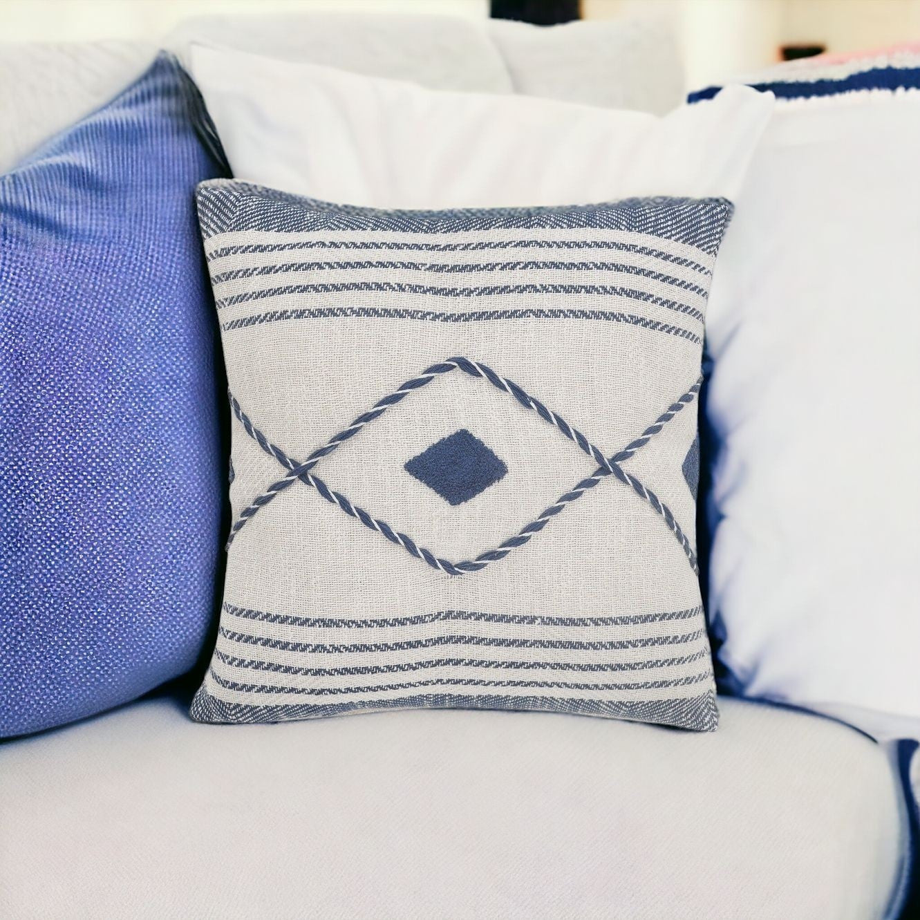 20" Ivory and Blue Coastal Cotton Throw Pillow With Texture