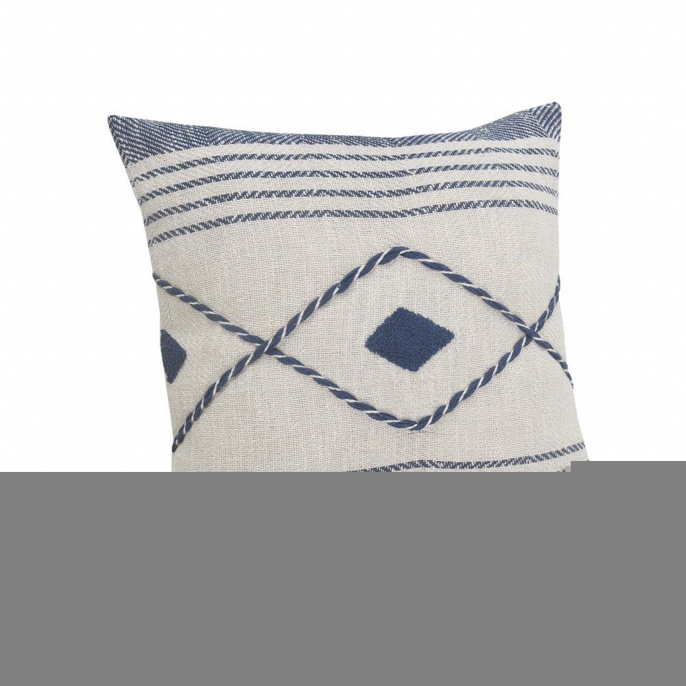20" Ivory and Blue Coastal Cotton Throw Pillow With Texture