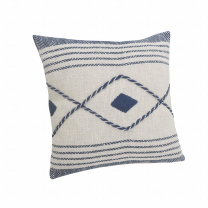 20" Ivory and Blue Coastal Cotton Throw Pillow With Texture