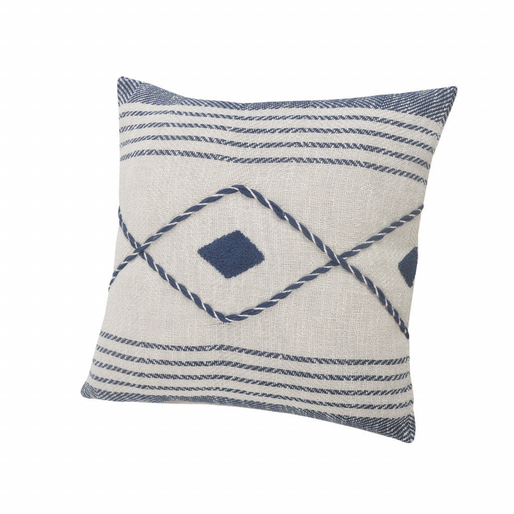 20" Ivory and Blue Coastal Cotton Throw Pillow With Texture