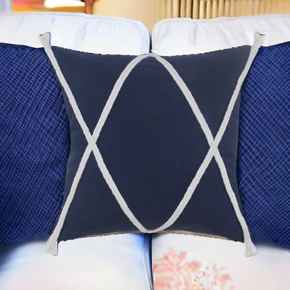 20" X 20" Navy And White 100% Cotton Coastal Zippered Pillow