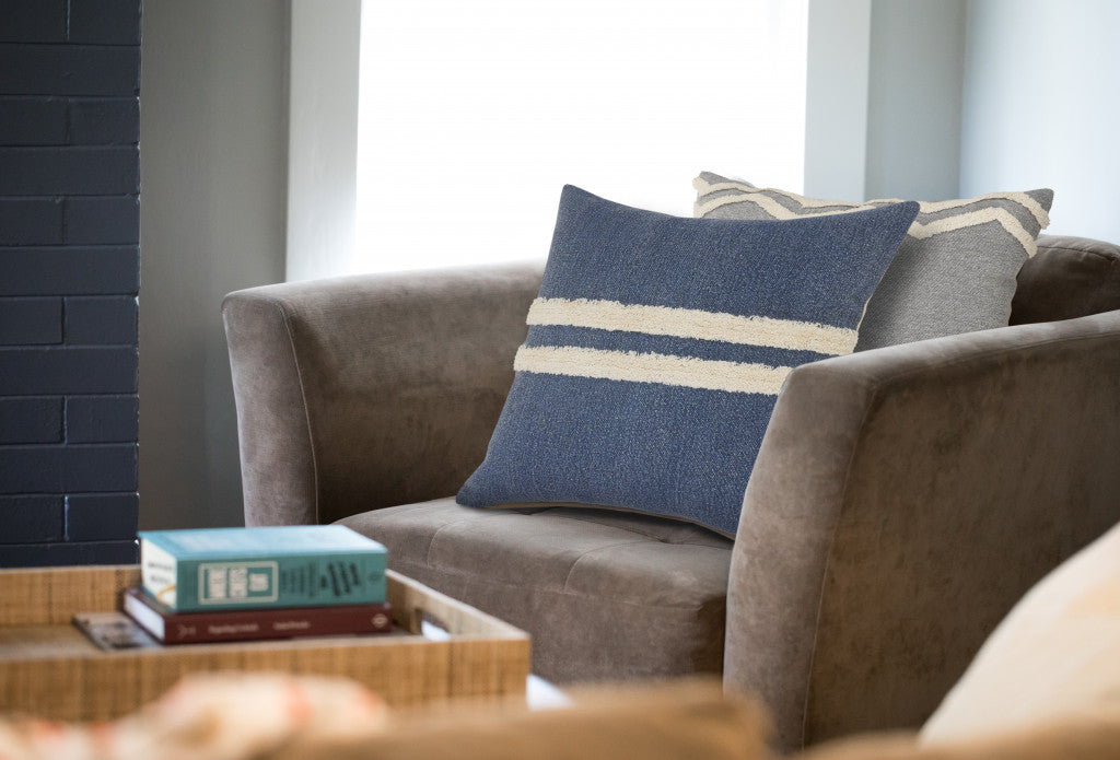 14" X 36" Dusty Blue And White 100% Cotton Striped Zippered Pillow