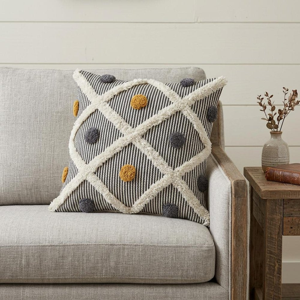 20" Gray Ivory and Yellow Striped Cotton Throw Pillow With Texture