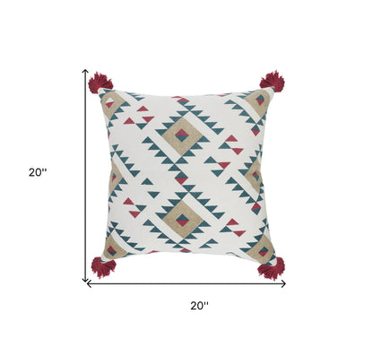 20" X 20" White Burgundy Tan And Teal 100% Cotton Geometric Zippered Pillow