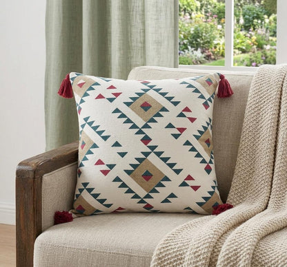 20" X 20" White Burgundy Tan And Teal 100% Cotton Geometric Zippered Pillow
