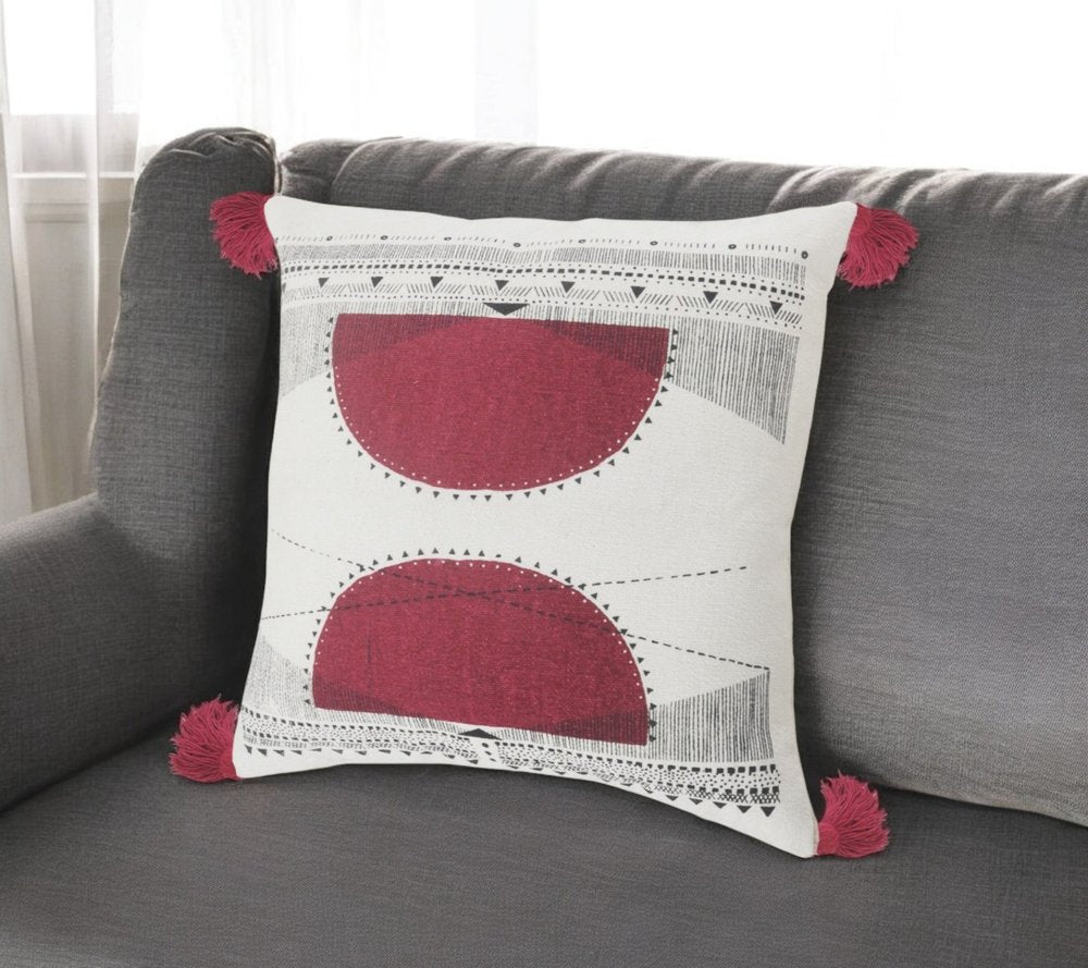 20" Black White And Burgundy Cotton Geometric Throw Pillow with Tassels
