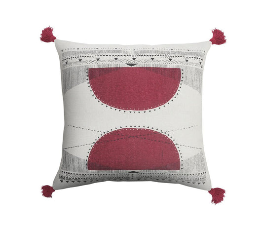 20" Black White And Burgundy Cotton Geometric Throw Pillow with Tassels