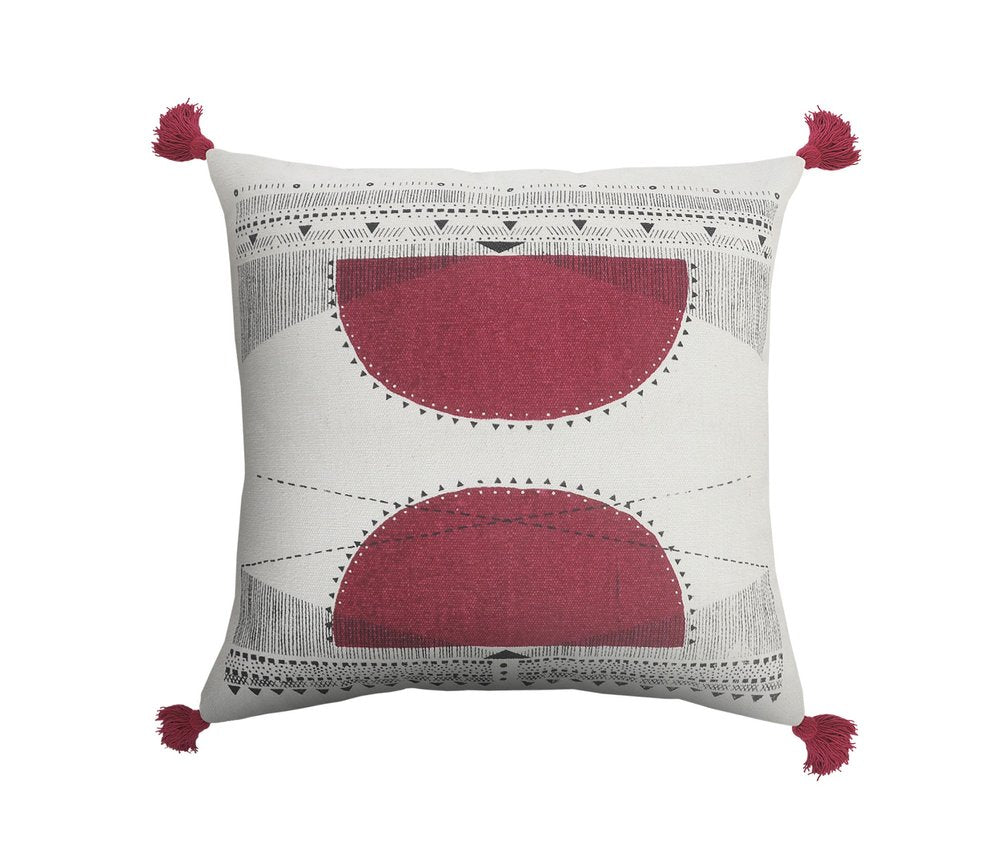 20" Black White And Burgundy Cotton Geometric Throw Pillow with Tassels