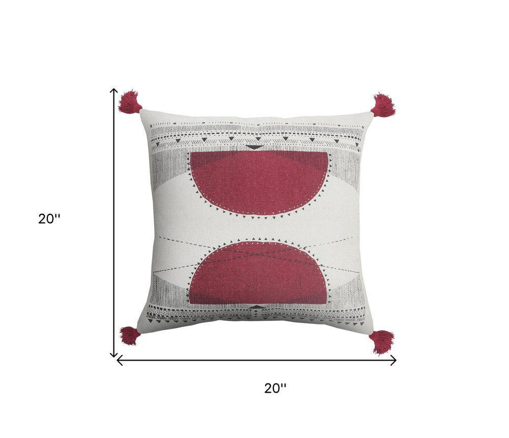 20" Black White And Burgundy Cotton Geometric Throw Pillow with Tassels