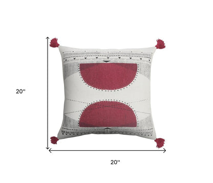 20" Black White And Burgundy Cotton Geometric Throw Pillow with Tassels