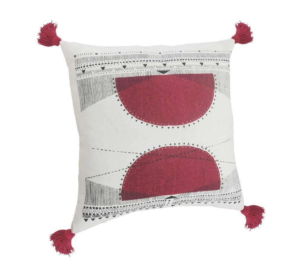 20" Black White And Burgundy Cotton Geometric Throw Pillow with Tassels