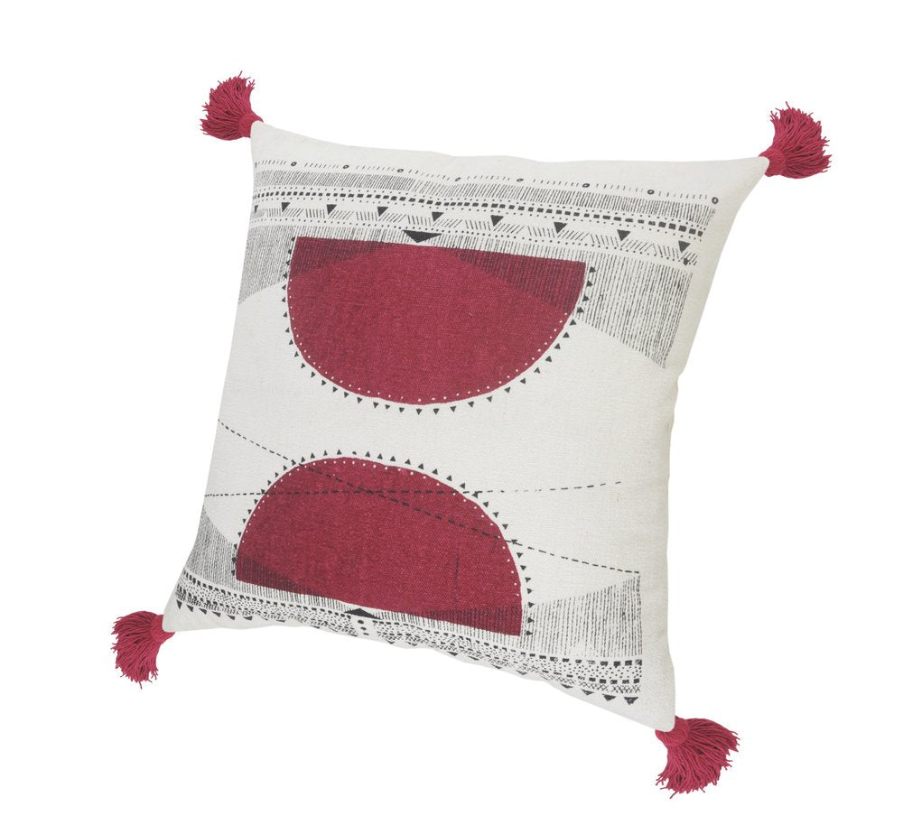 20" Black White And Burgundy Cotton Geometric Throw Pillow with Tassels