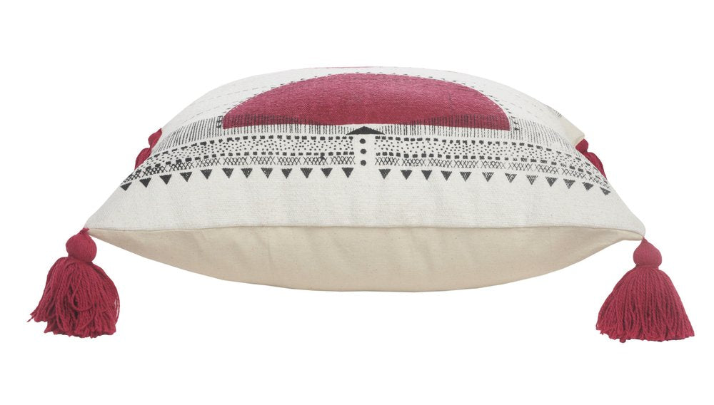 20" Black White And Burgundy Cotton Geometric Throw Pillow with Tassels