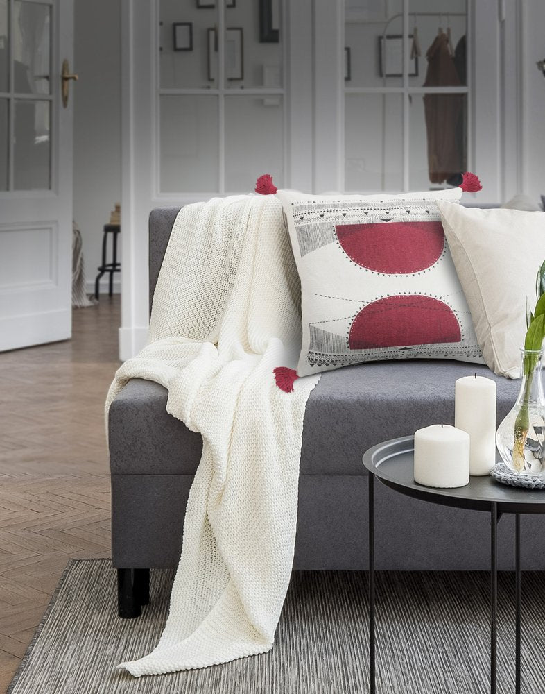 20" Black White And Burgundy Cotton Geometric Throw Pillow with Tassels