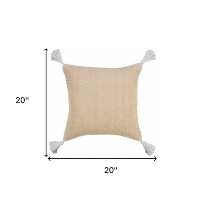 20" Brown and White Throw Pillow with Embroidery and Tassels