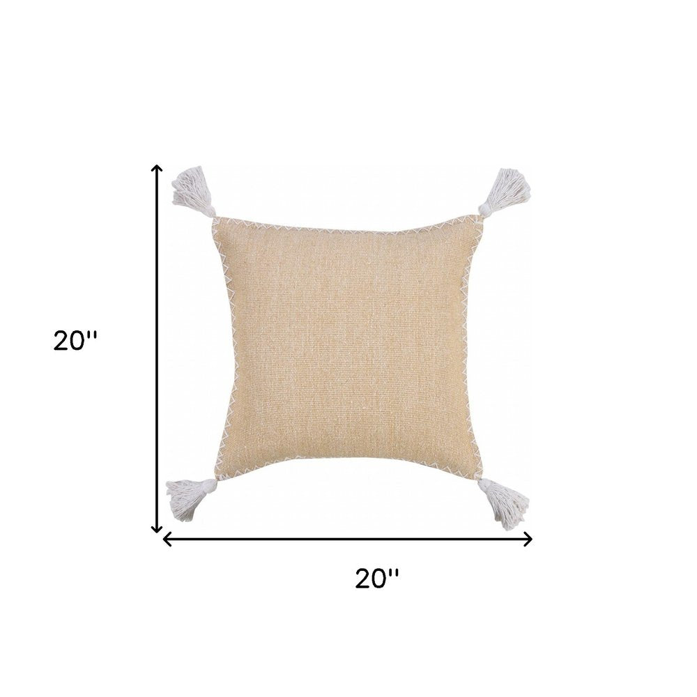 20" Brown and White Throw Pillow with Embroidery and Tassels